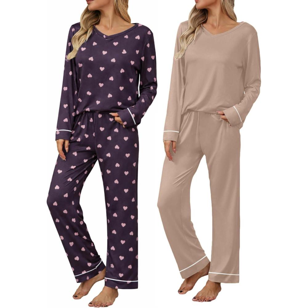 imageEkouaer Womens 2 Pack Pajama Set Long Sleeve Pajamas Top and Pants V Neck Pjs Set Soft Loungewear with PocketsBlack Love khaki