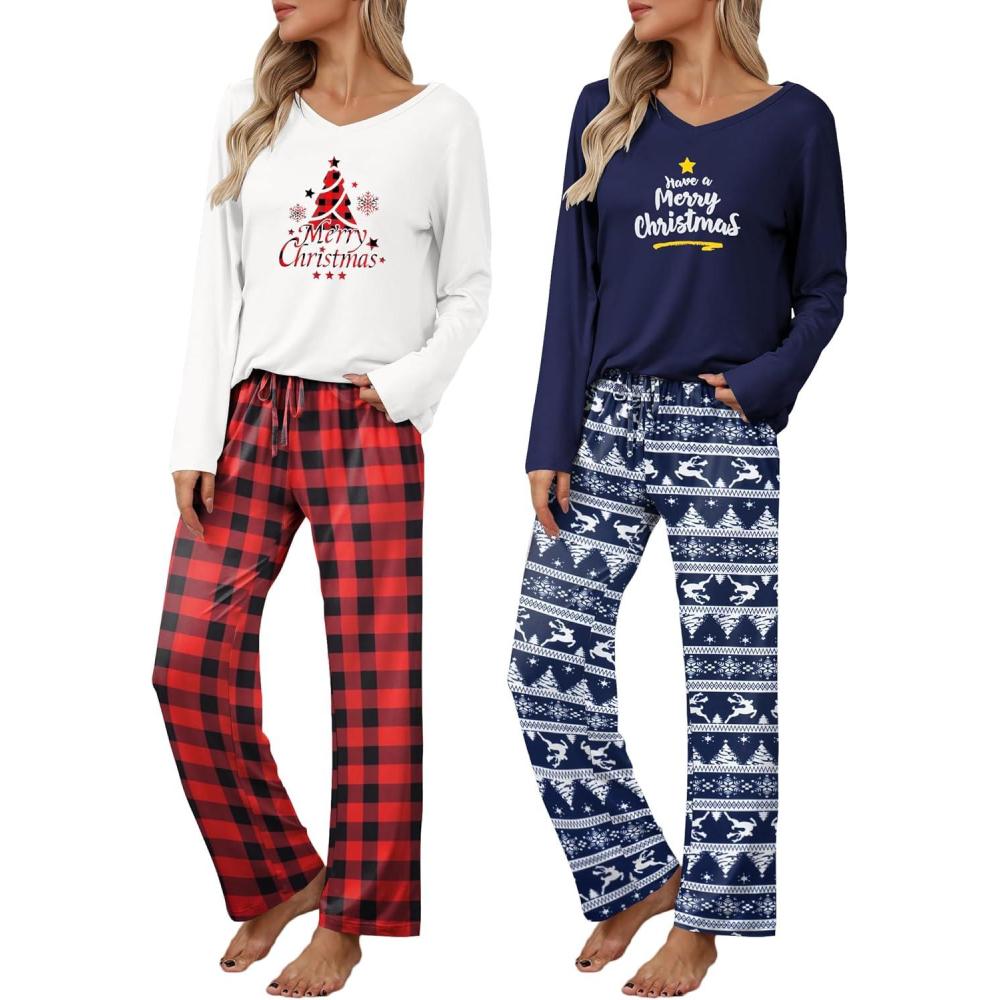 imageEkouaer Womens 2 Pack Pajama Set Long Sleeve Pajamas Top and Pants V Neck Pjs Set Soft Loungewear with PocketsBlue Christmas Elk  Red Plaid Christmas