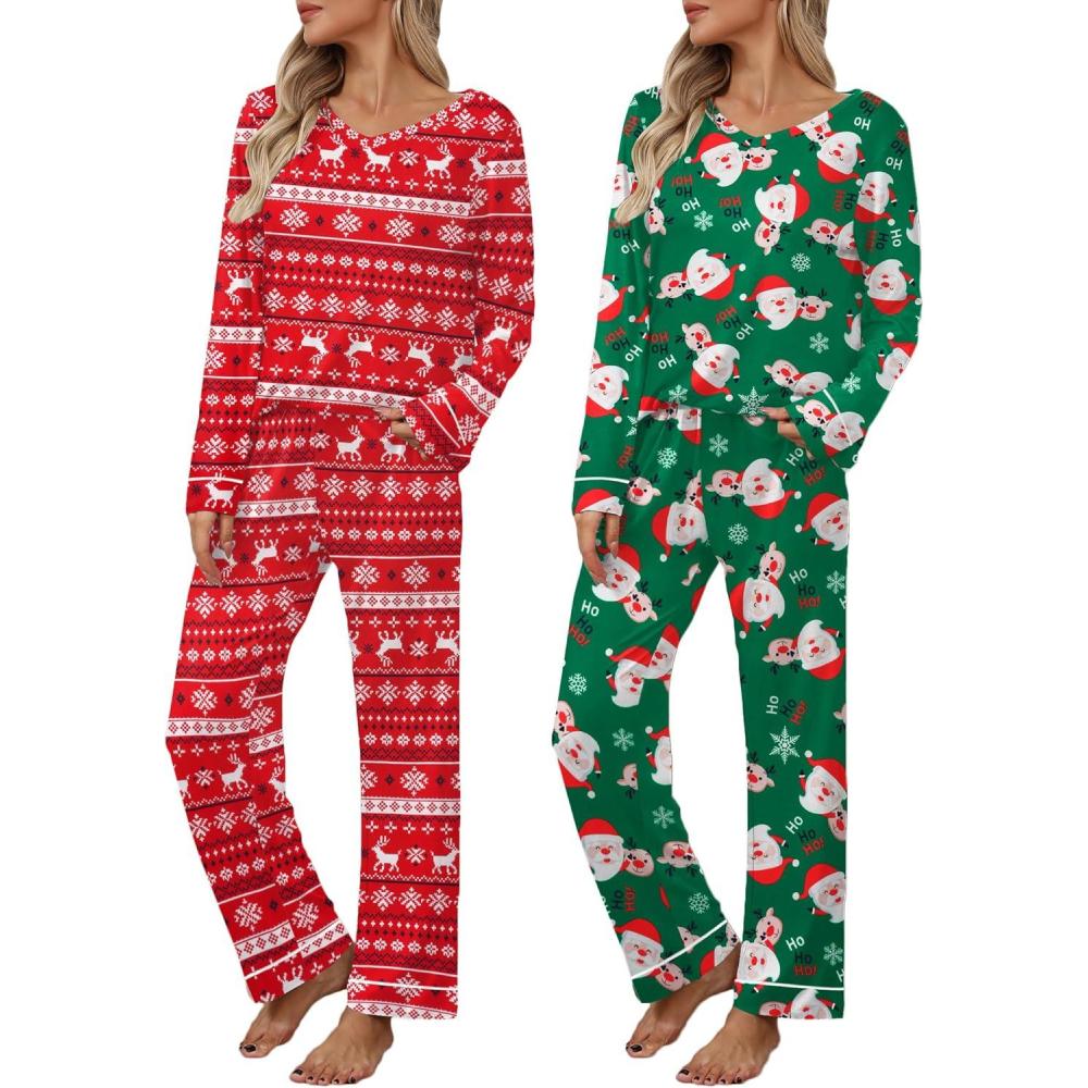 imageEkouaer Womens 2 Pack Pajama Set Long Sleeve Pajamas Top and Pants V Neck Pjs Set Soft Loungewear with PocketsChristmas Elkred christmas  Green