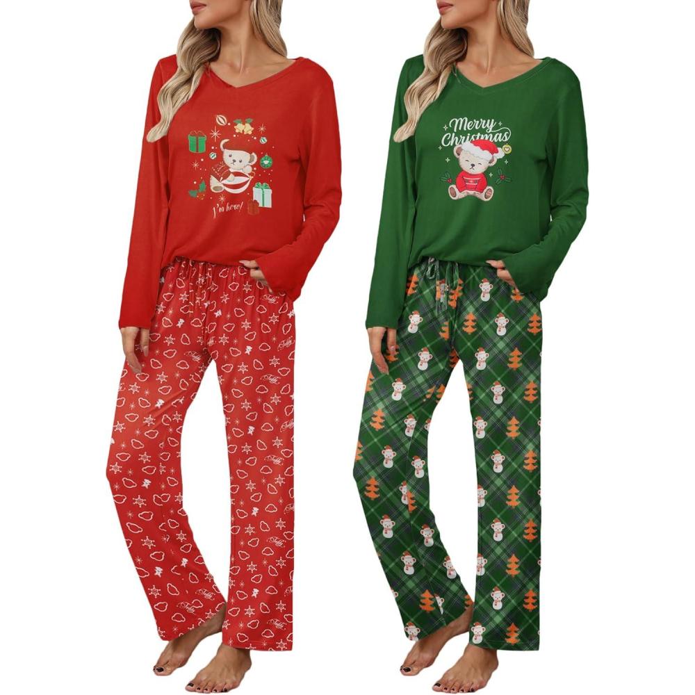 imageEkouaer Womens 2 Pack Pajama Set Long Sleeve Pajamas Top and Pants V Neck Pjs Set Soft Loungewear with PocketsChristmas Red Teddy christmas Green Teddy