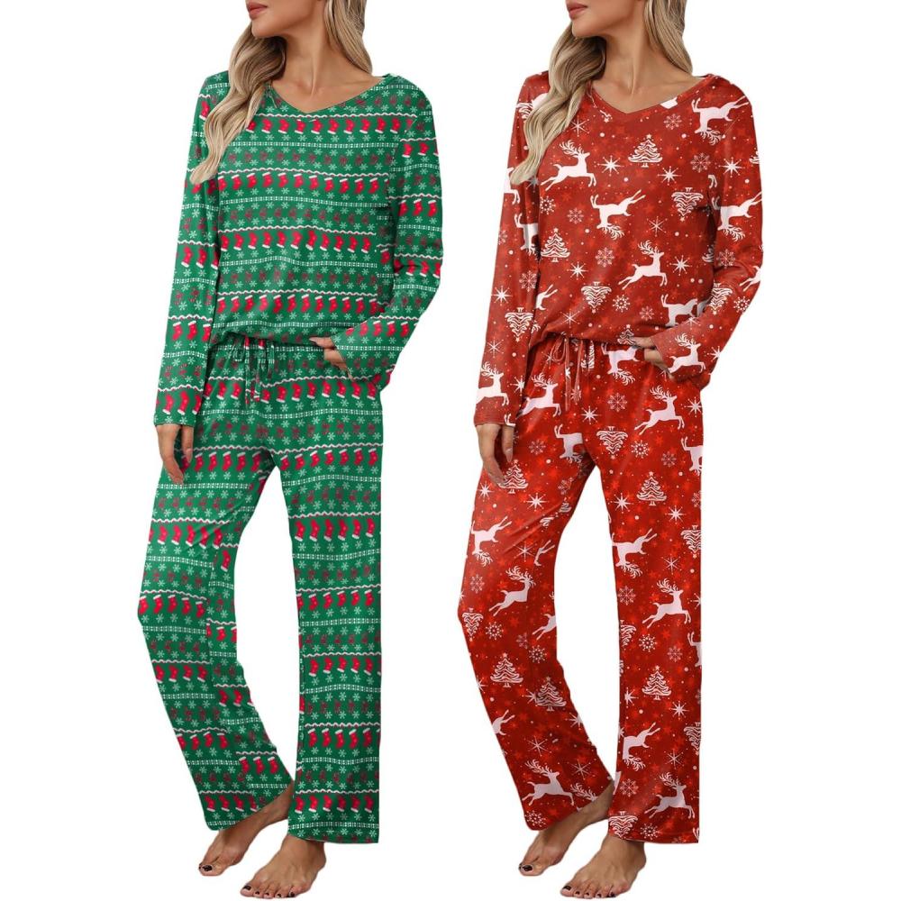 imageEkouaer Womens 2 Pack Pajama Set Long Sleeve Pajamas Top and Pants V Neck Pjs Set Soft Loungewear with PocketsGreen Christmas Snowflake Red Christmas Elk