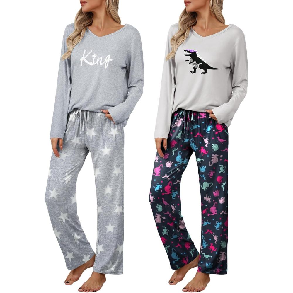 imageEkouaer Womens 2 Pack Pajama Set Long Sleeve Pajamas Top and Pants V Neck Pjs Set Soft Loungewear with PocketsGrey Stars  Dinosaurs