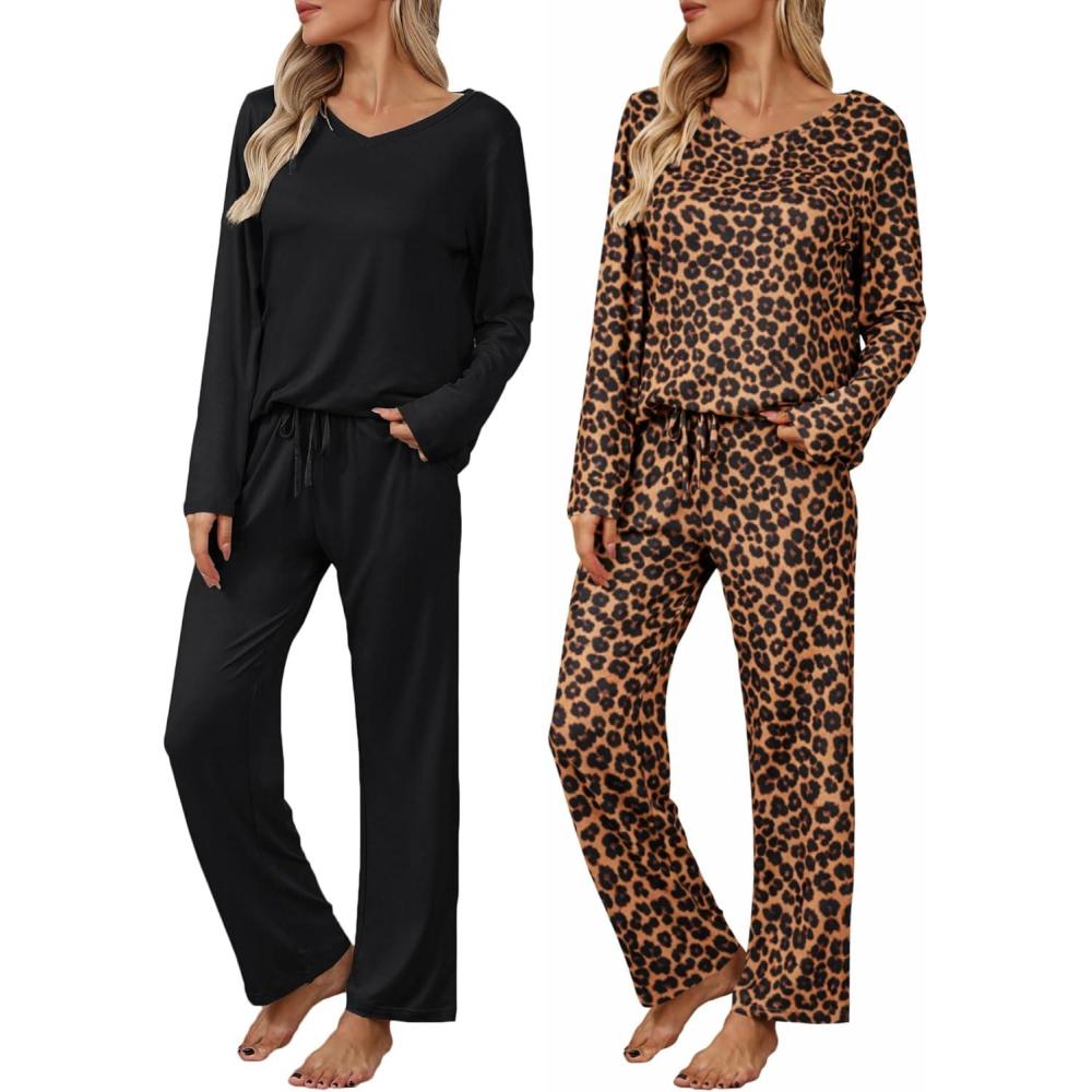 imageEkouaer Womens 2 Pack Pajama Set Long Sleeve Pajamas Top and Pants V Neck Pjs Set Soft Loungewear with PocketsLeopard black