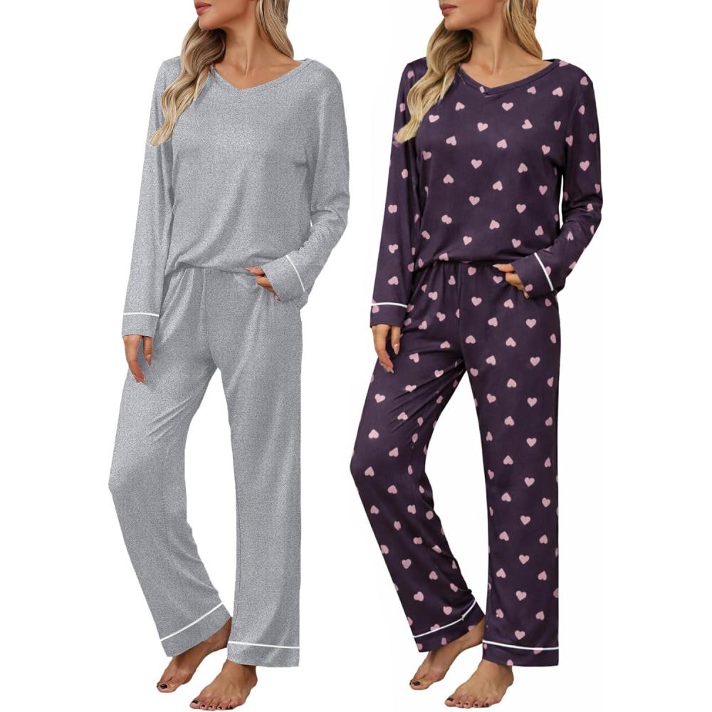 imageEkouaer Womens 2 Pack Pajama Set Long Sleeve Pajamas Top and Pants V Neck Pjs Set Soft Loungewear with PocketsLight Grey love Navy Blue