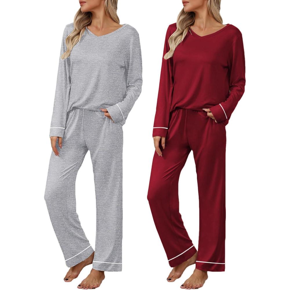 imageEkouaer Womens 2 Pack Pajama Set Long Sleeve Pajamas Top and Pants V Neck Pjs Set Soft Loungewear with PocketsLight Grey wine Red