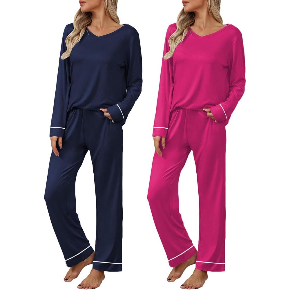 imageEkouaer Womens 2 Pack Pajama Set Long Sleeve Pajamas Top and Pants V Neck Pjs Set Soft Loungewear with PocketsNavy Blue rose