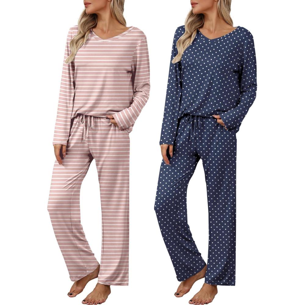 imageEkouaer Womens 2 Pack Pajama Set Long Sleeve Pajamas Top and Pants V Neck Pjs Set Soft Loungewear with PocketsPink Striped  Blue Polka Dots