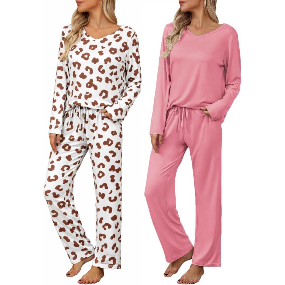 imageEkouaer Womens 2 Pack Pajama Set Long Sleeve Pajamas Top and Pants V Neck Pjs Set Soft Loungewear with PocketsPink leopardapricotbrown