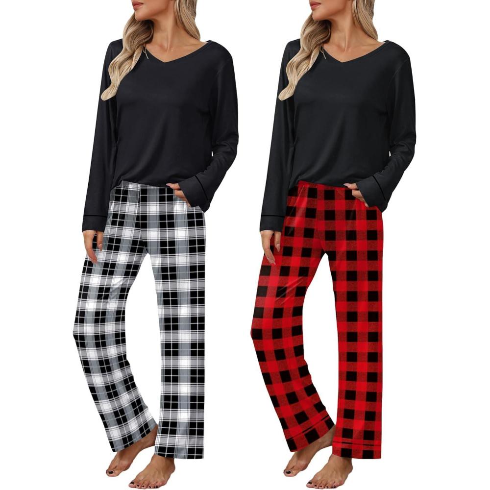 imageEkouaer Womens 2 Pack Pajama Set Long Sleeve Pajamas Top and Pants V Neck Pjs Set Soft Loungewear with PocketsPlaidredblack plaidblackwhite