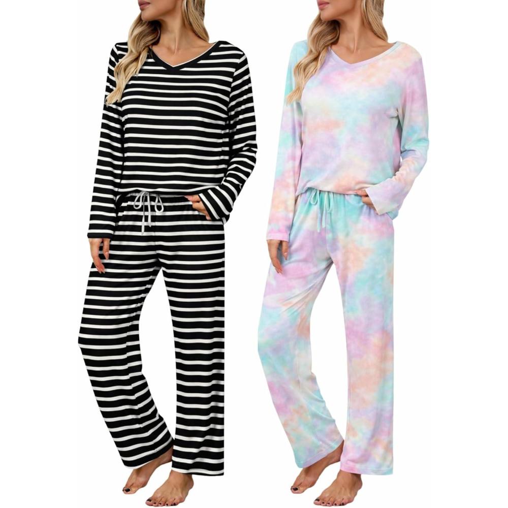 imageEkouaer Womens 2 Pack Pajama Set Long Sleeve Pajamas Top and Pants V Neck Pjs Set Soft Loungewear with PocketsStripesblackwhite tiedye