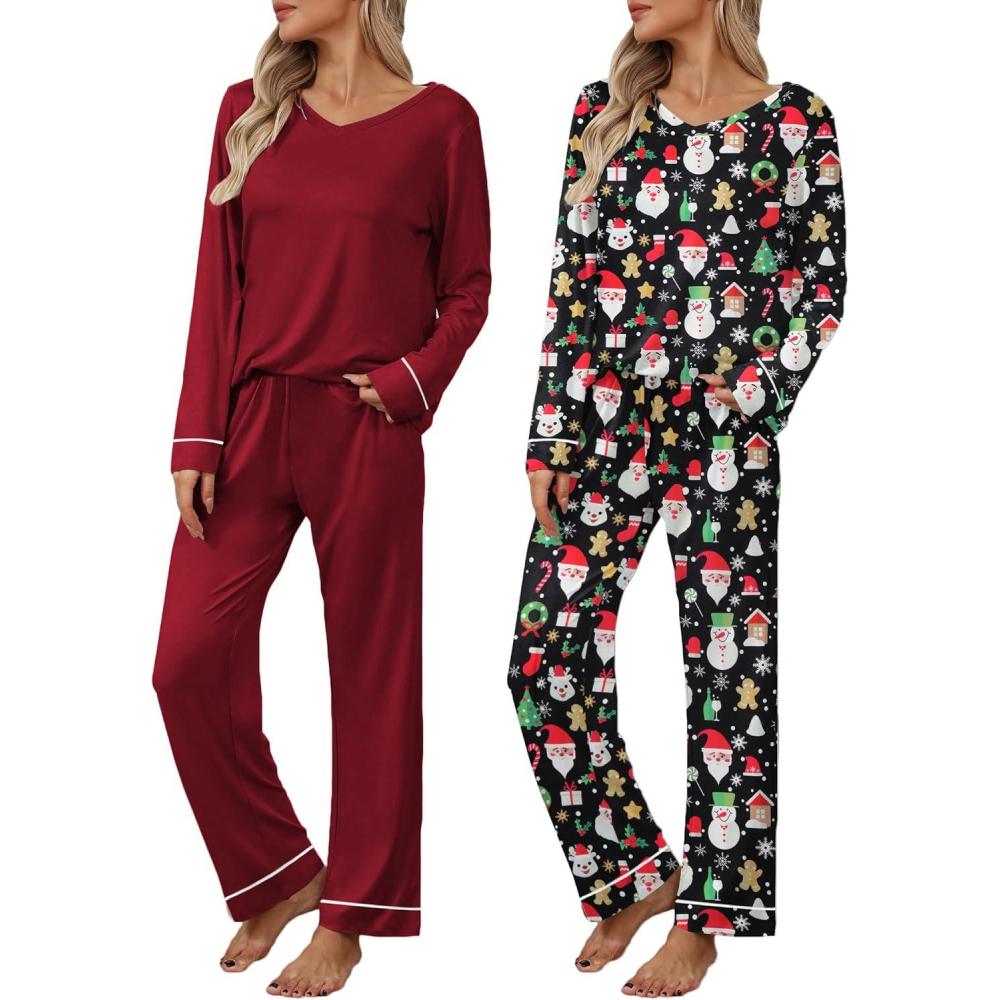 imageEkouaer Womens 2 Pack Pajama Set Long Sleeve Pajamas Top and Pants V Neck Pjs Set Soft Loungewear with PocketsWine Red Christmasblack