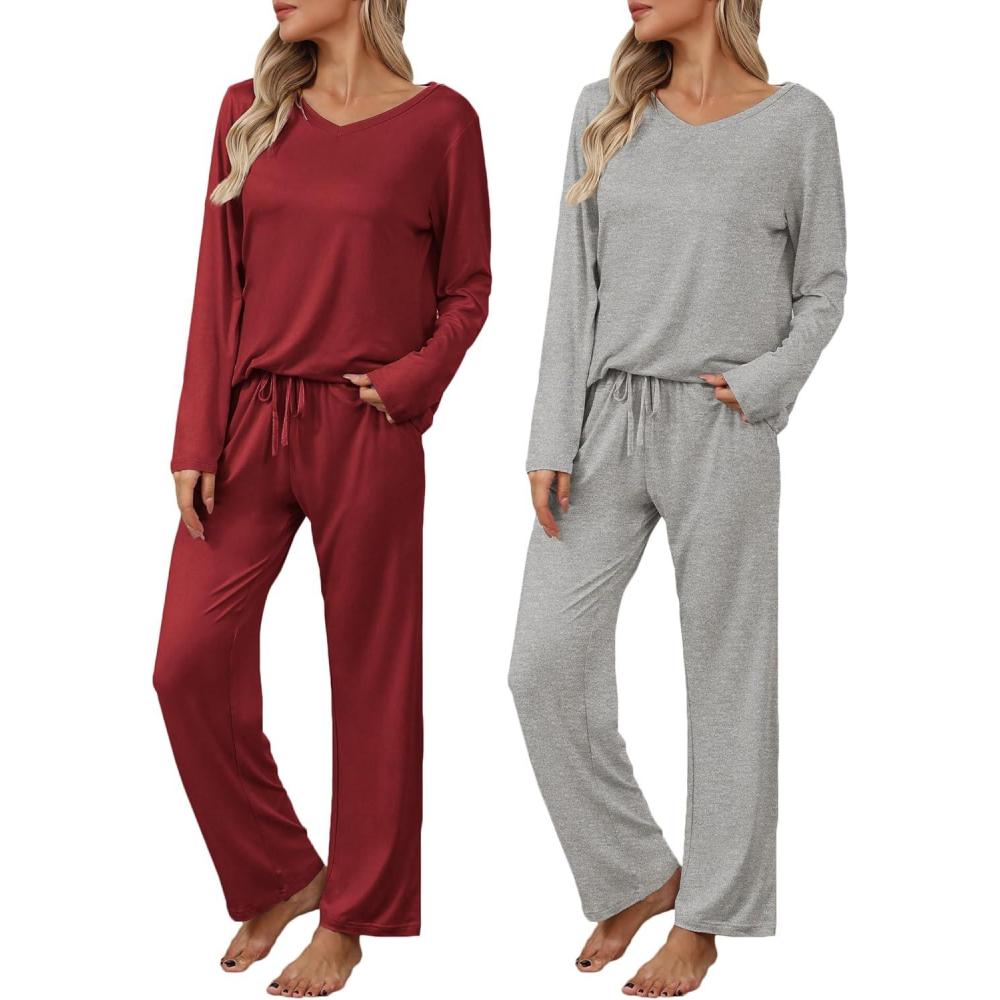 imageEkouaer Womens 2 Pack Pajama Set Long Sleeve Pajamas Top and Pants V Neck Pjs Set Soft Loungewear with PocketsWine Red Light Gray