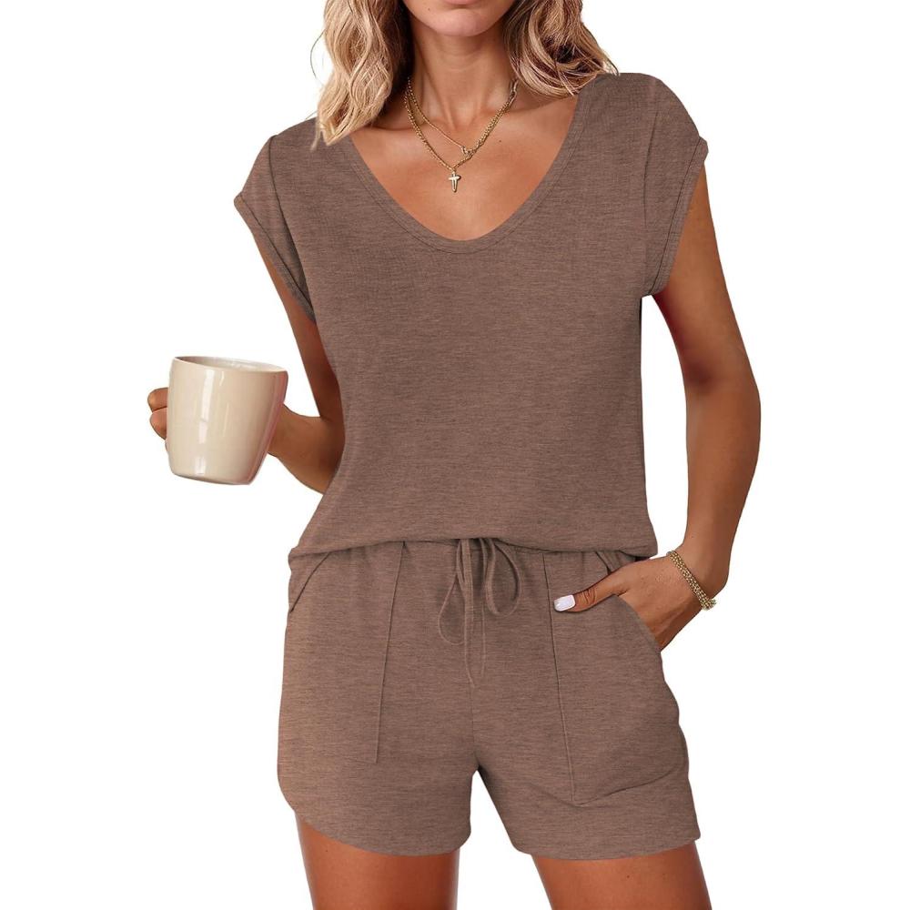 imageEkouaer Womens Pajama Sets 2 Piece Lounge Sets Comfy Short Sleeve Tops and Shorts Cute Pjs Outfits Set SXXLBrown