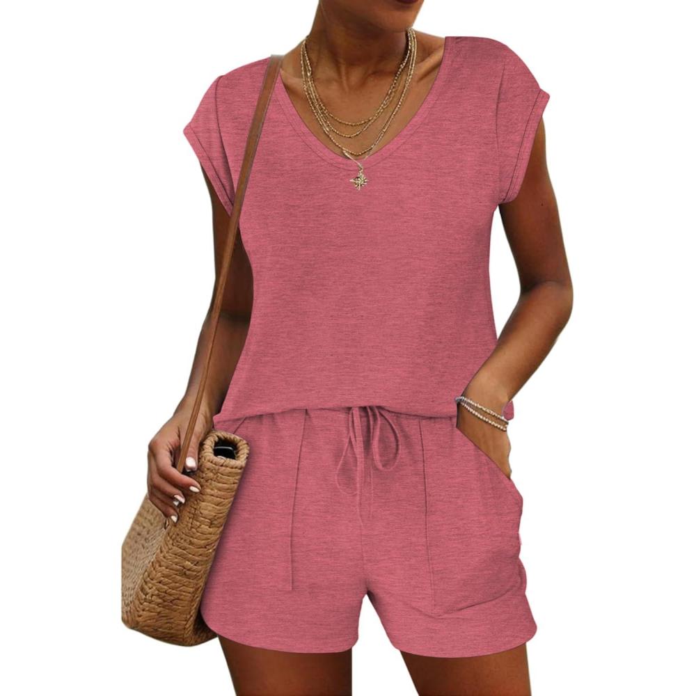 imageEkouaer Womens Pajama Sets 2 Piece Lounge Sets Comfy Short Sleeve Tops and Shorts Cute Pjs Outfits Set SXXLPurple Red B