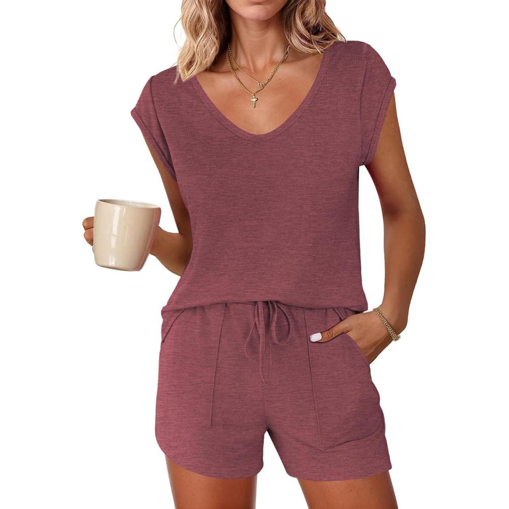 imageEkouaer Womens Pajama Sets 2 Piece Lounge Sets Comfy Short Sleeve Tops and Shorts Cute Pjs Outfits Set SXXLWine