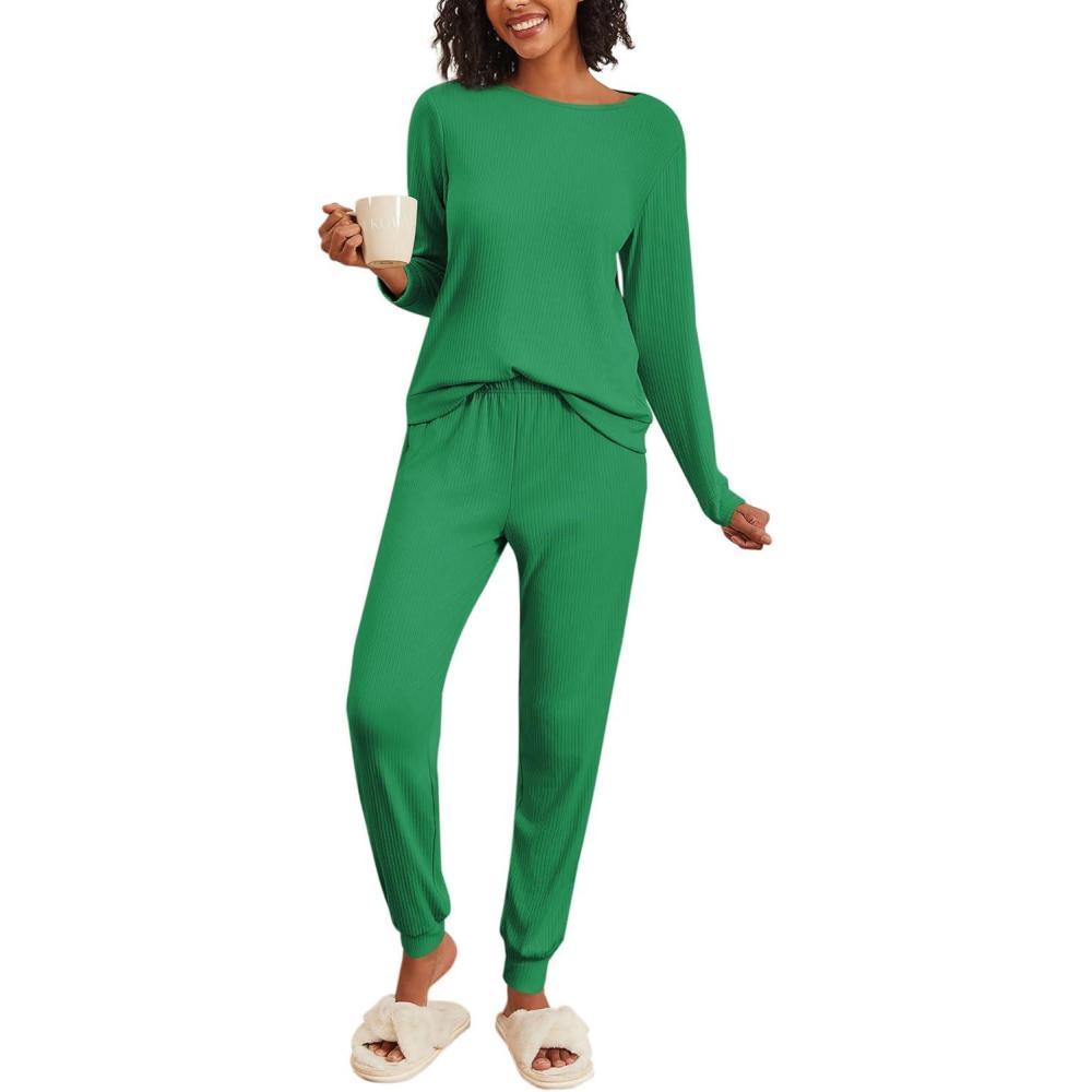 imageEkouaer Womens Pajama Sets Casual 2Pcs Sleepwear Long Sleeve Pullover Tops Long Joggers Pants with PocketsRibgreen
