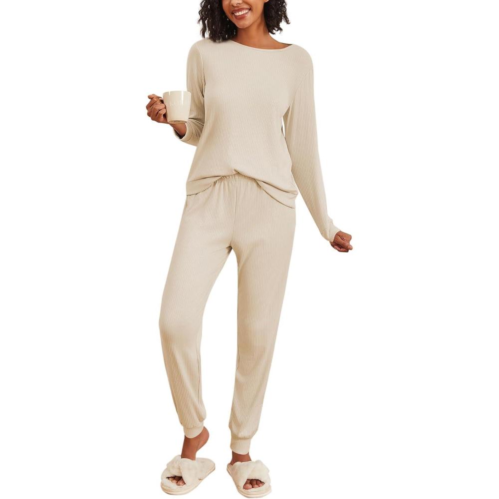 imageEkouaer Womens Pajama Sets Casual 2Pcs Sleepwear Long Sleeve Pullover Tops Long Joggers Pants with PocketsRiblight Khaki
