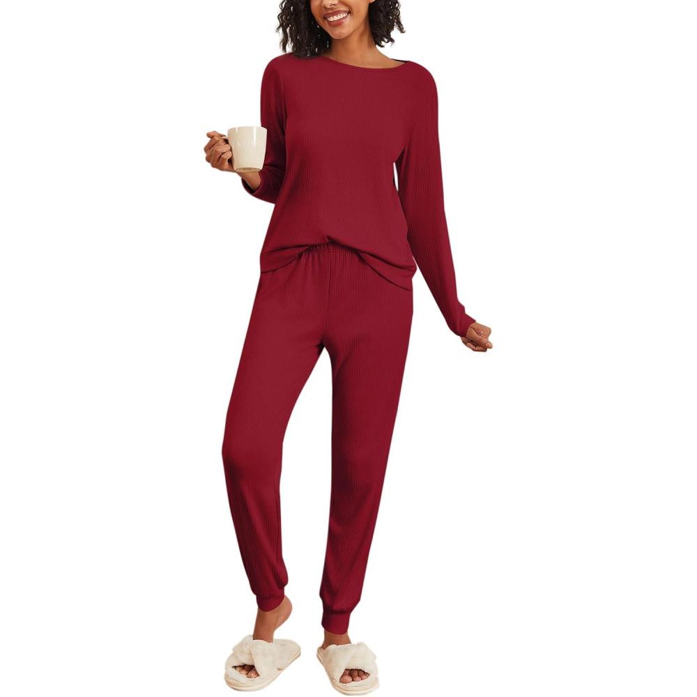 imageEkouaer Womens Pajama Sets Casual 2Pcs Sleepwear Long Sleeve Pullover Tops Long Joggers Pants with PocketsRibwine Red