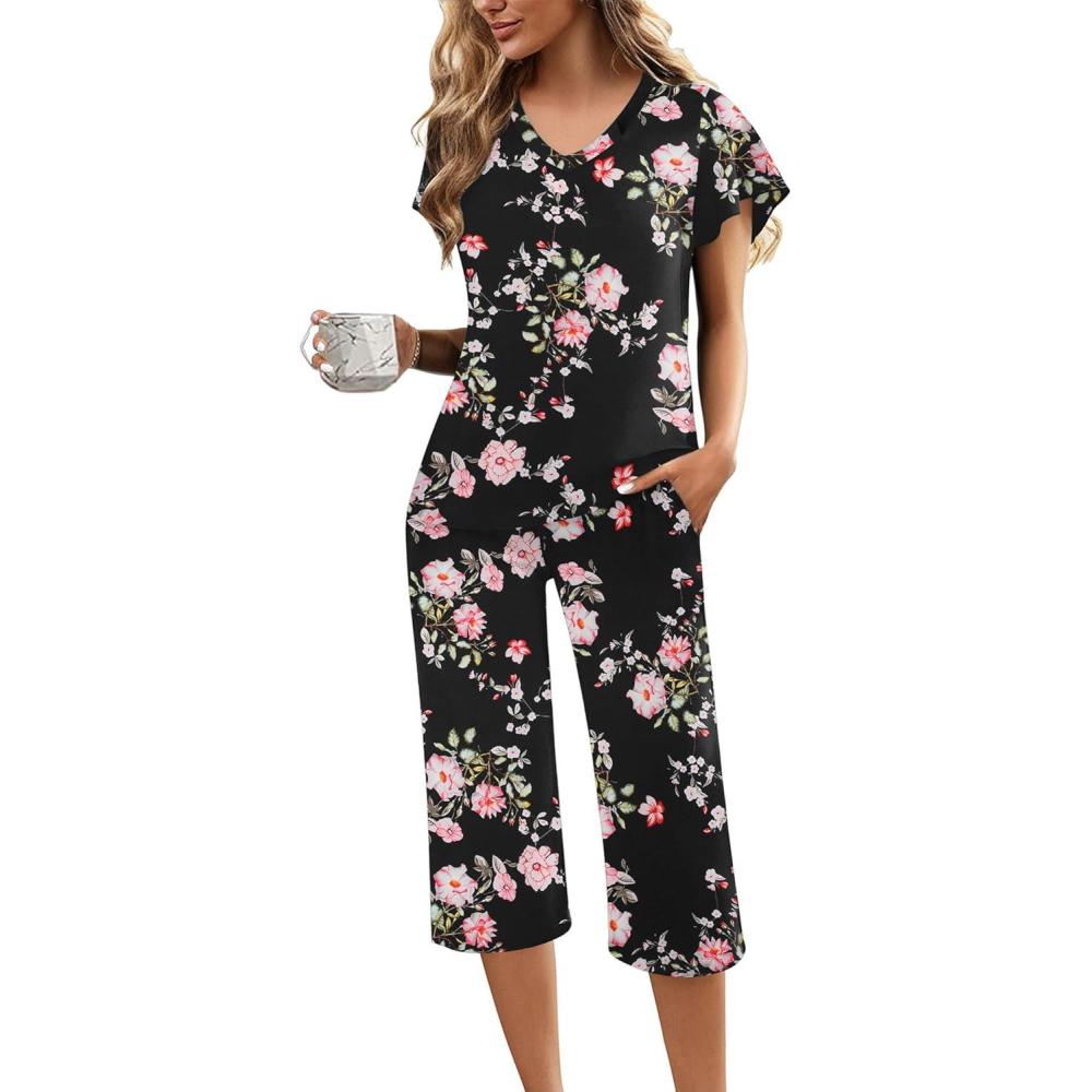imageEkouaer Womens Pajama Sets Ruffle Short Sleeve Sleepwear Top and Capri Pants Pjs Set Comfy 2 Piece Lounge Set SXXLFloral Black Pink