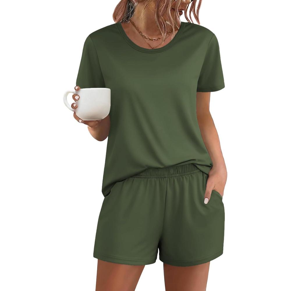 imageEkouaer Womens Pajama Sets Short Sleeve Pjs 2 Piece Top and Shorts Sleepwear Comfy Soft Lounge Sets with PocketsArmy Green