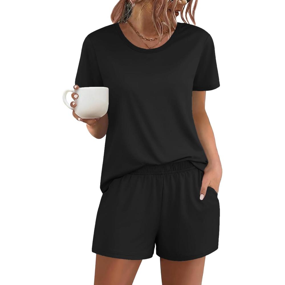 imageEkouaer Womens Pajama Sets Short Sleeve Pjs 2 Piece Top and Shorts Sleepwear Comfy Soft Lounge Sets with PocketsBlack