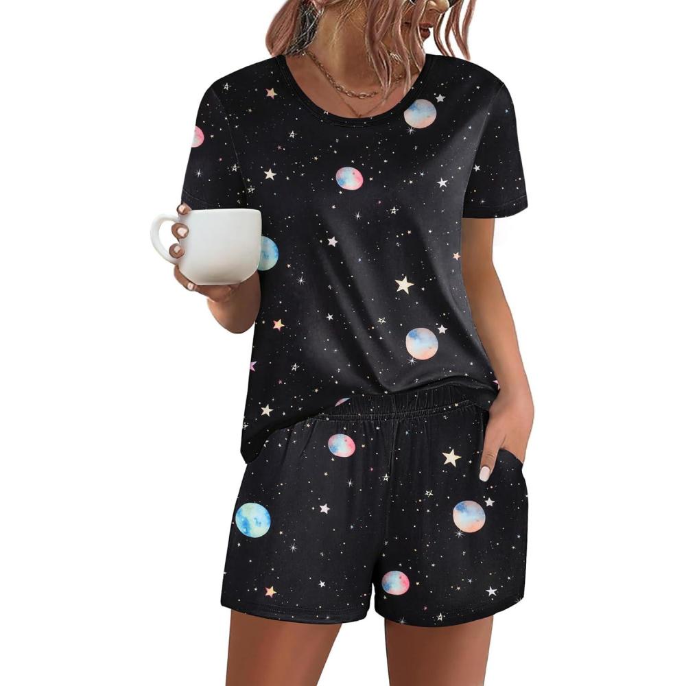 imageEkouaer Womens Pajama Sets Short Sleeve Pjs 2 Piece Top and Shorts Sleepwear Comfy Soft Lounge Sets with PocketsBlack Sky