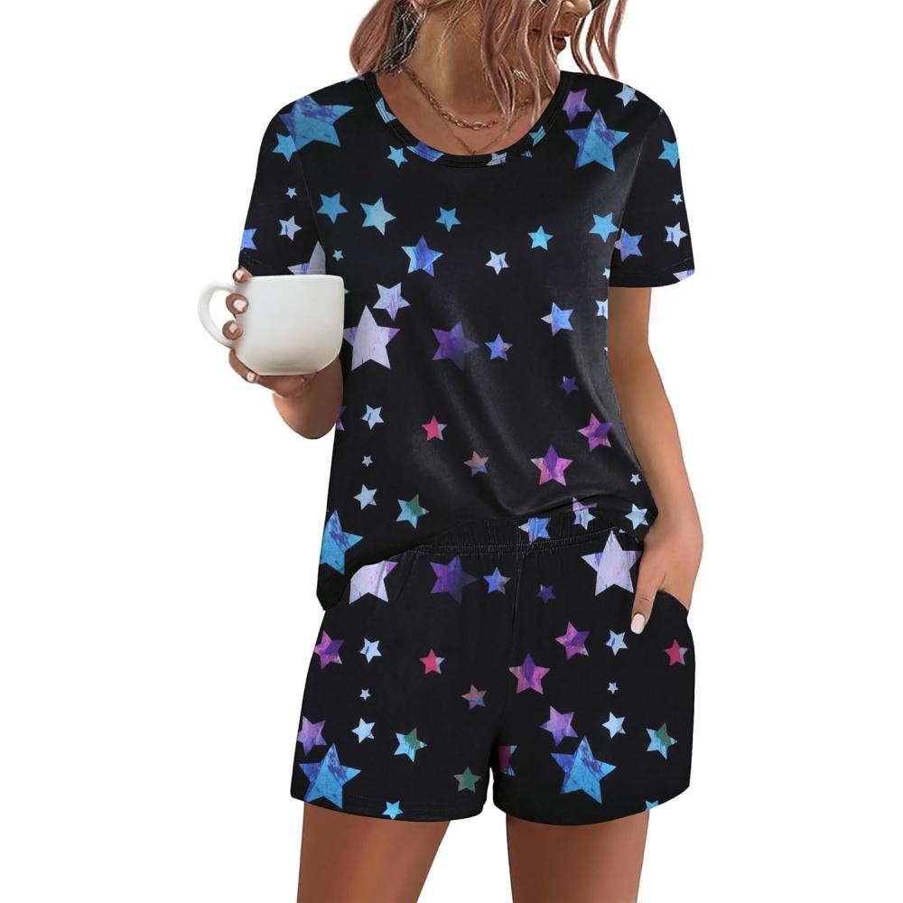 imageEkouaer Womens Pajama Sets Short Sleeve Pjs 2 Piece Top and Shorts Sleepwear Comfy Soft Lounge Sets with PocketsBlack Star