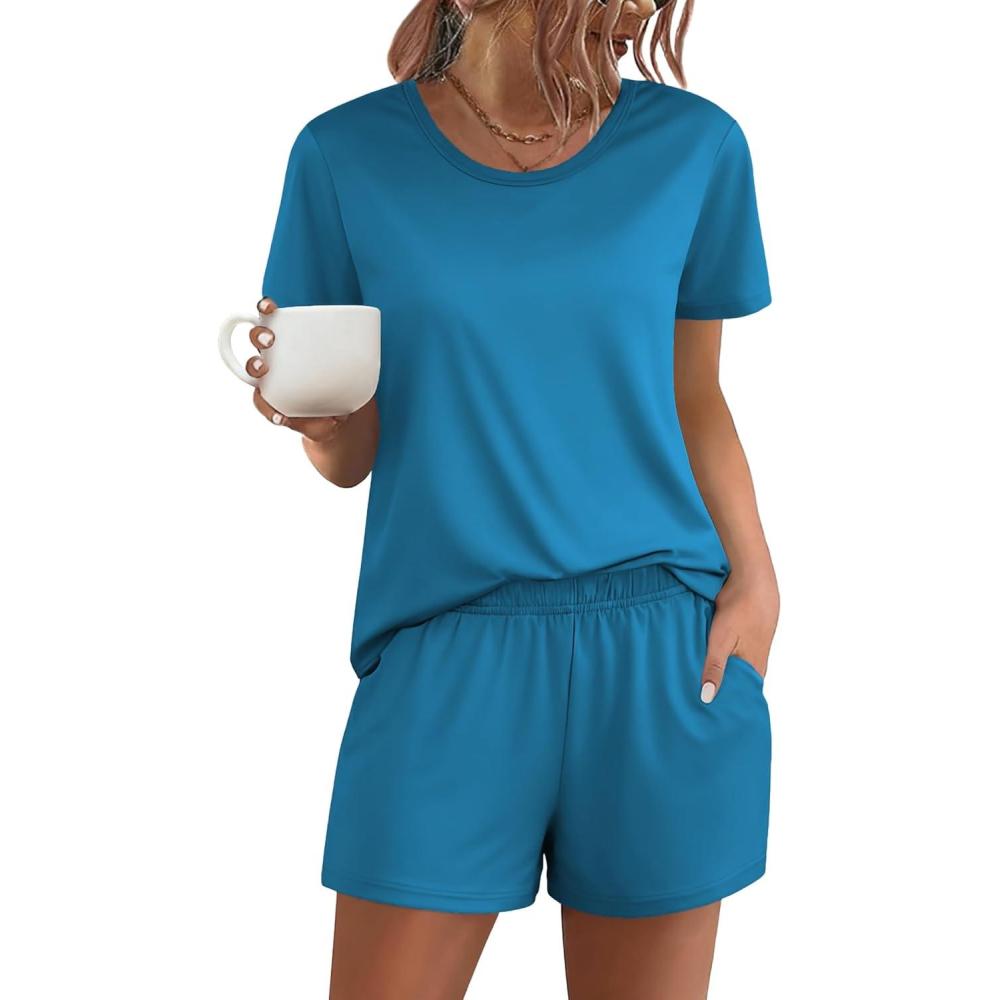 imageEkouaer Womens Pajama Sets Short Sleeve Pjs 2 Piece Top and Shorts Sleepwear Comfy Soft Lounge Sets with PocketsBlue Green