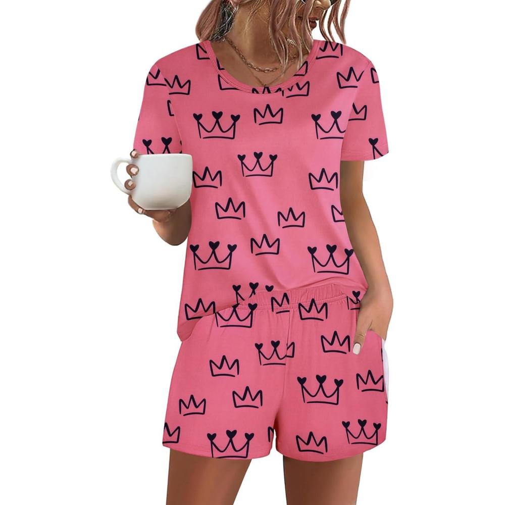 imageEkouaer Womens Pajama Sets Short Sleeve Pjs 2 Piece Top and Shorts Sleepwear Comfy Soft Lounge Sets with PocketsCrown