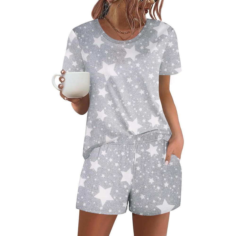 imageEkouaer Womens Pajama Sets Short Sleeve Pjs 2 Piece Top and Shorts Sleepwear Comfy Soft Lounge Sets with PocketsGrey Star
