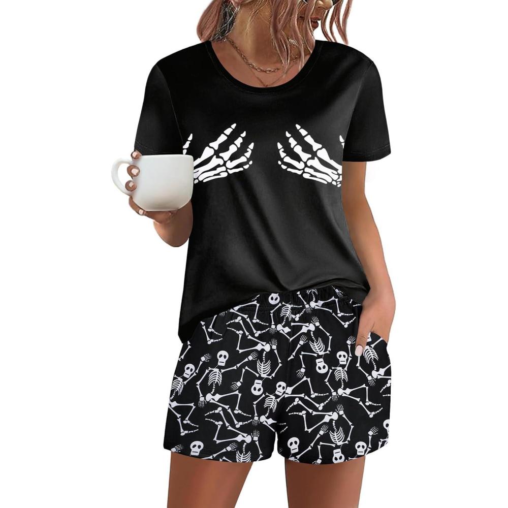 imageEkouaer Womens Pajama Sets Short Sleeve Pjs 2 Piece Top and Shorts Sleepwear Comfy Soft Lounge Sets with PocketsHalloween Skeleton Print