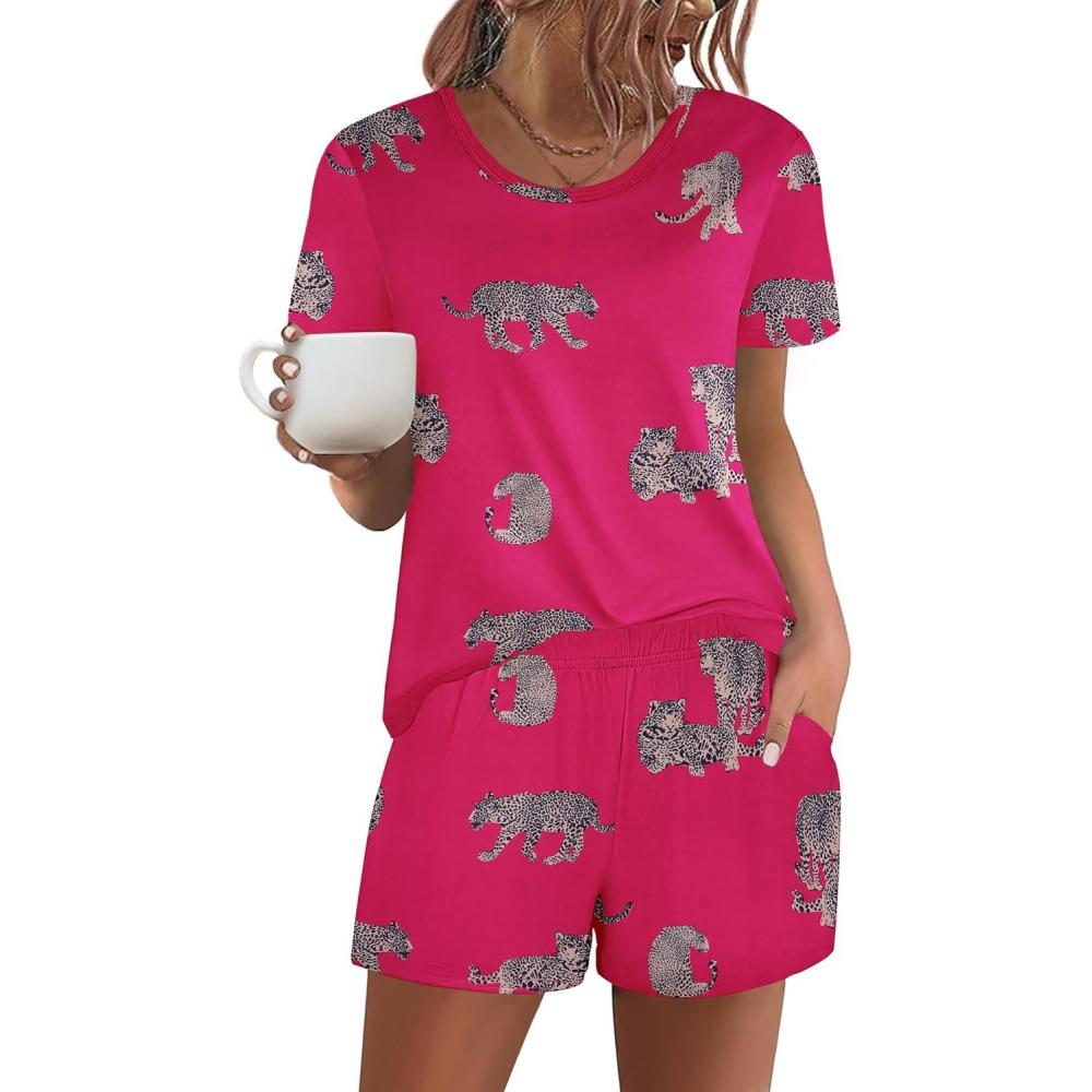imageEkouaer Womens Pajama Sets Short Sleeve Pjs 2 Piece Top and Shorts Sleepwear Comfy Soft Lounge Sets with PocketsHot Pink Animal Print