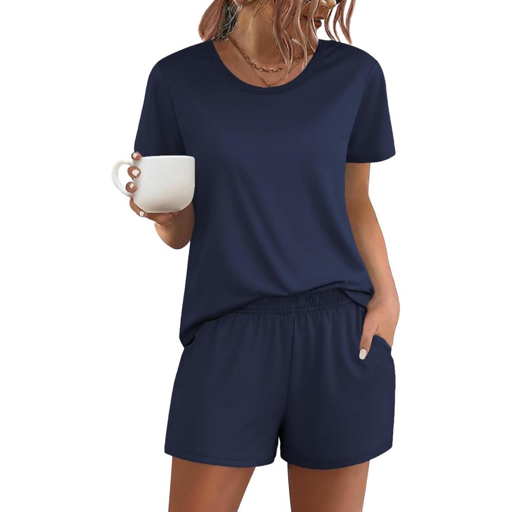 imageEkouaer Womens Pajama Sets Short Sleeve Pjs 2 Piece Top and Shorts Sleepwear Comfy Soft Lounge Sets with PocketsNavy Blue