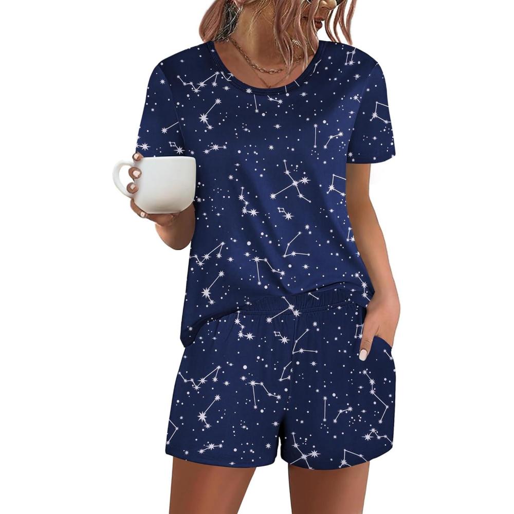 imageEkouaer Womens Pajama Sets Short Sleeve Pjs 2 Piece Top and Shorts Sleepwear Comfy Soft Lounge Sets with PocketsNavy Blue Sky