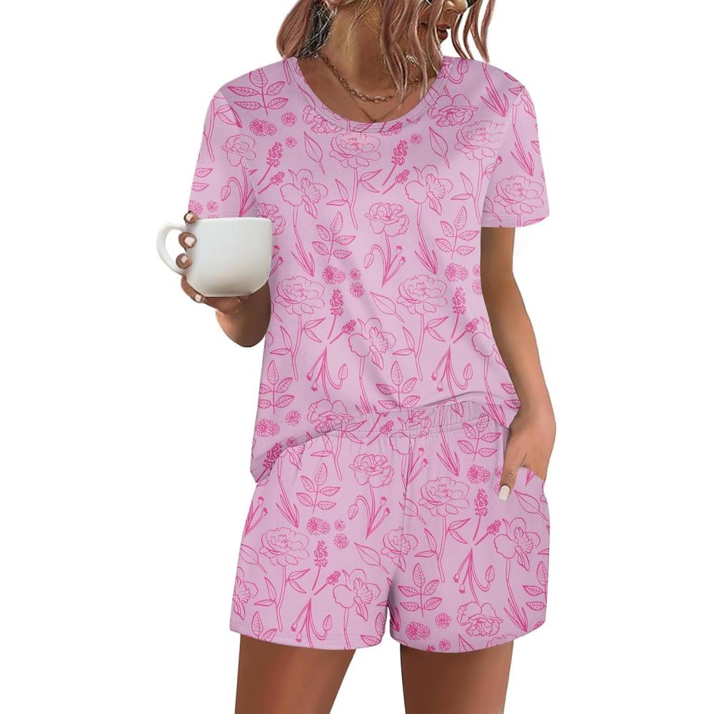 imageEkouaer Womens Pajama Sets Short Sleeve Pjs 2 Piece Top and Shorts Sleepwear Comfy Soft Lounge Sets with PocketsPink Floral Print