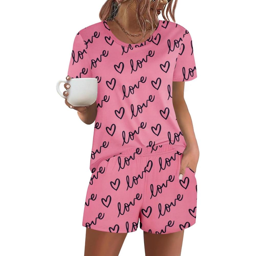 imageEkouaer Womens Pajama Sets Short Sleeve Pjs 2 Piece Top and Shorts Sleepwear Comfy Soft Lounge Sets with PocketsPink Love