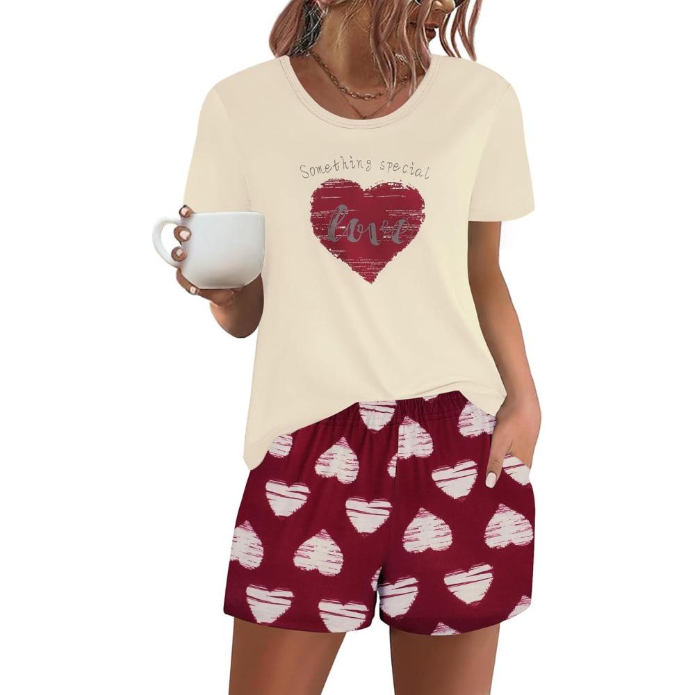 imageEkouaer Womens Pajama Sets Short Sleeve Pjs 2 Piece Top and Shorts Sleepwear Comfy Soft Lounge Sets with PocketsRed Heart