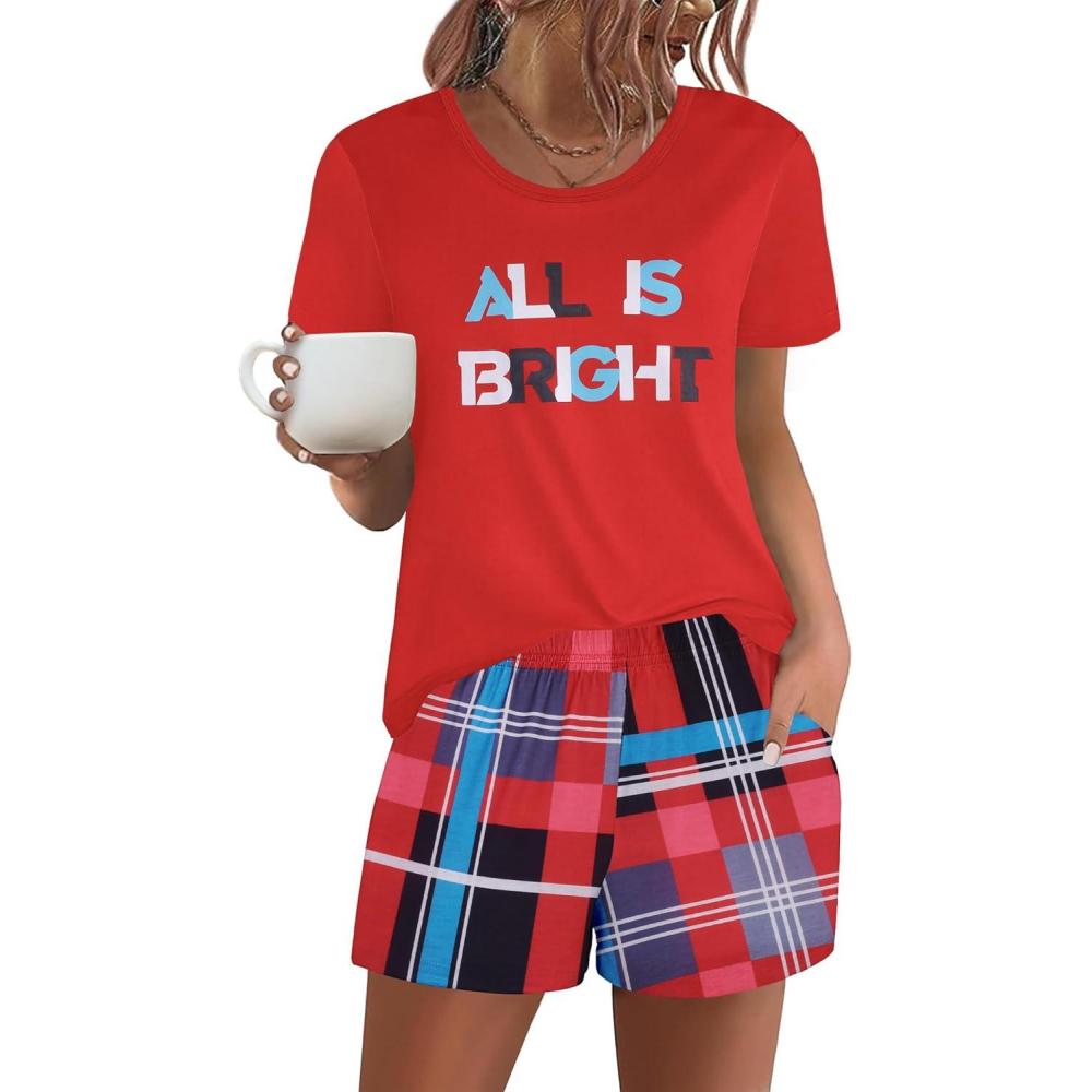 imageEkouaer Womens Pajama Sets Short Sleeve Pjs 2 Piece Top and Shorts Sleepwear Comfy Soft Lounge Sets with PocketsRed Plaid