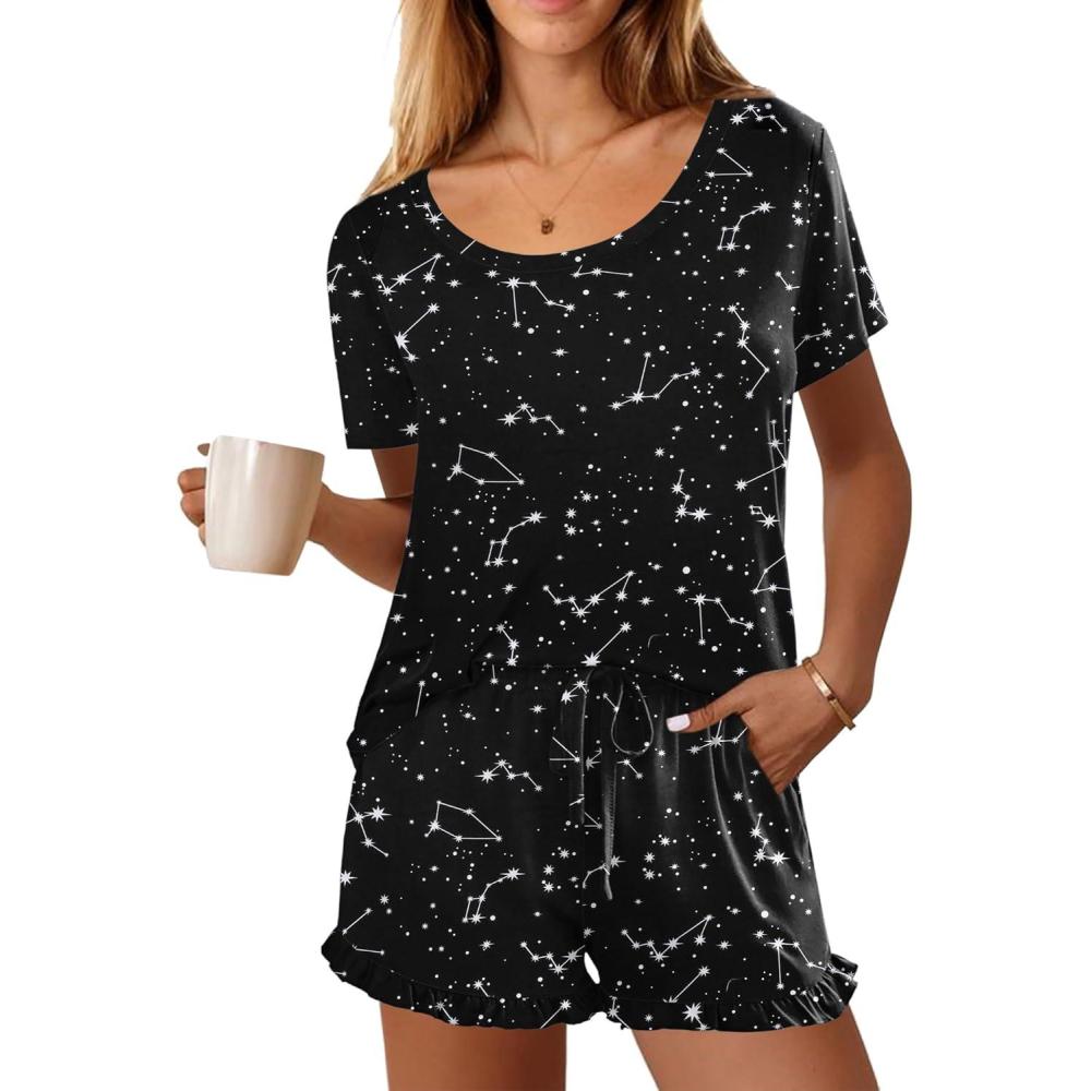 imageEkouaer Womens Pajamas Short Sleeve Lounge Set Crew Neck Tops and Ruffle Shorts Pj Sets Soft Sleepwear with Pockets SXXL