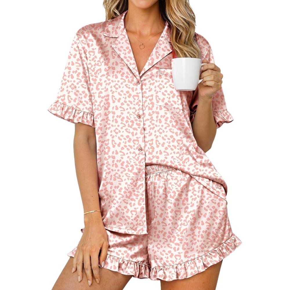 imageEkouaer Womens Satin Pajamas Set 2 Piece Button Down Silk Pjs Ruffle Short Sleeve Shorts Set Notch Collar SleepwearCoffee Pink Leopard