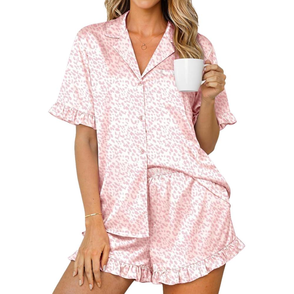 imageEkouaer Womens Satin Pajamas Set 2 Piece Button Down Silk Pjs Ruffle Short Sleeve Shorts Set Notch Collar SleepwearLight Pink Leopard