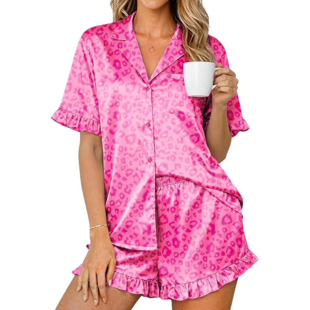 imageEkouaer Womens Satin Pajamas Set 2 Piece Button Down Silk Pjs Ruffle Short Sleeve Shorts Set Notch Collar SleepwearRose Pink Leopard