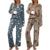 Ekouaer Womens 2 Pack Pajama Set Long Sleeve Pajamas Top and Pants V Neck Pjs Set Soft Loungewear with Pockets(Leopard grey Star)