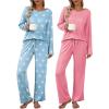Ekouaer Womens 2 Pack Pajama Set Long Sleeve Pajamas Top and Pants V Neck Pjs Set Soft Loungewear with Pockets(Light Blue Star  Pink)