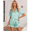 Ekouaer Womens Satin Pajamas Set 2 Piece Button Down Silk Pjs Ruffle Short Sleeve Shorts Set Notch Collar Sleepwear(Green White Stripes)