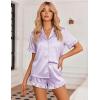 Ekouaer Womens Satin Pajamas Set 2 Piece Button Down Silk Pjs Ruffle Short Sleeve Shorts Set Notch Collar Sleepwear(Purple White Stripes)