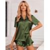 Ekouaer Womens Satin Pajamas Set Button Down 2 Piece Silk Pjs Shorts Set Ruffle Lingerie Notch Collar Sleepwear(Army Green)