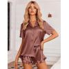 Ekouaer Womens Satin Pajamas Set Button Down 2 Piece Silk Pjs Shorts Set Ruffle Lingerie Notch Collar Sleepwear(Brown)