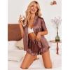 Ekouaer Womens Satin Pajamas Set Button Down 2 Piece Silk Pjs Shorts Set Ruffle Lingerie Notch Collar Sleepwear(Brown)