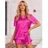 Ekouaer Womens Satin Pajamas Set Button Down 2 Piece Silk Pjs Shorts Set Ruffle Lingerie Notch Collar Sleepwear(Hot Pink)